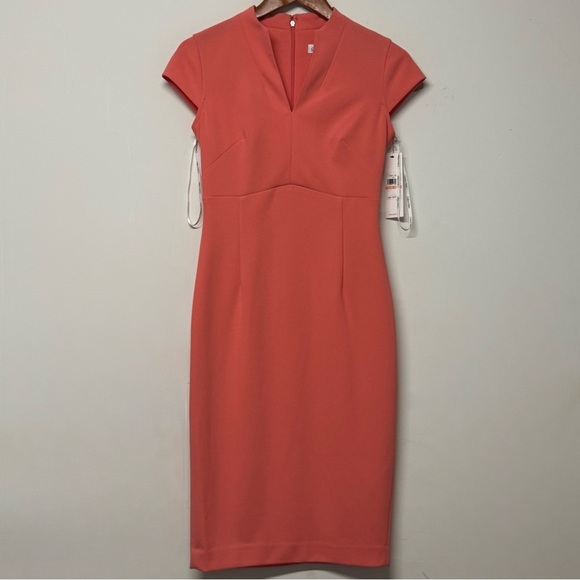 NWT Calvin Klein Scuba Crepe Split V-Neck Sheath Dress Salmon Pink - Picture 1 of 4
